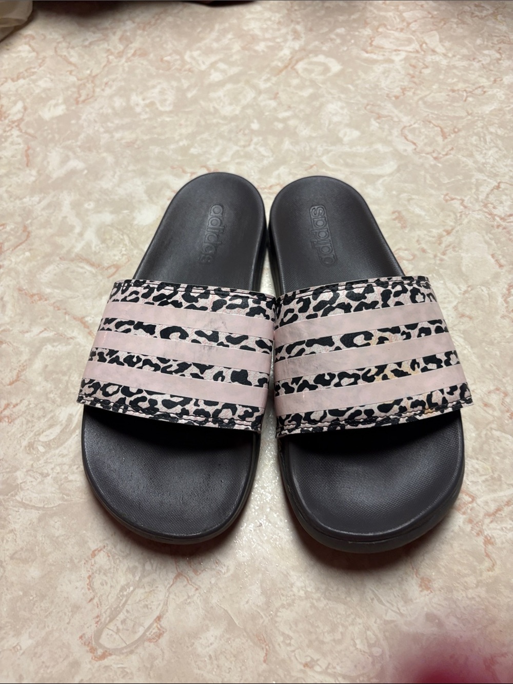 adidas Women’s Black Slide Sandals with Pink Leopard Strap
